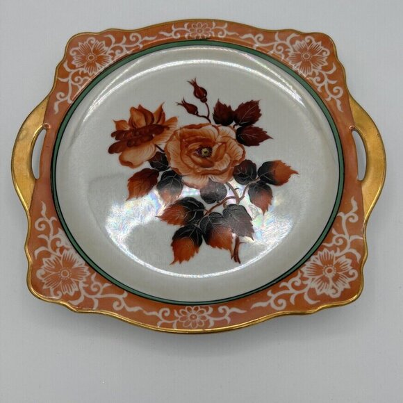 Vtg Plate Orange Iridescent Rose Square Handle Japan‎ Hand Painted Cottagecore - Picture 1 of 6